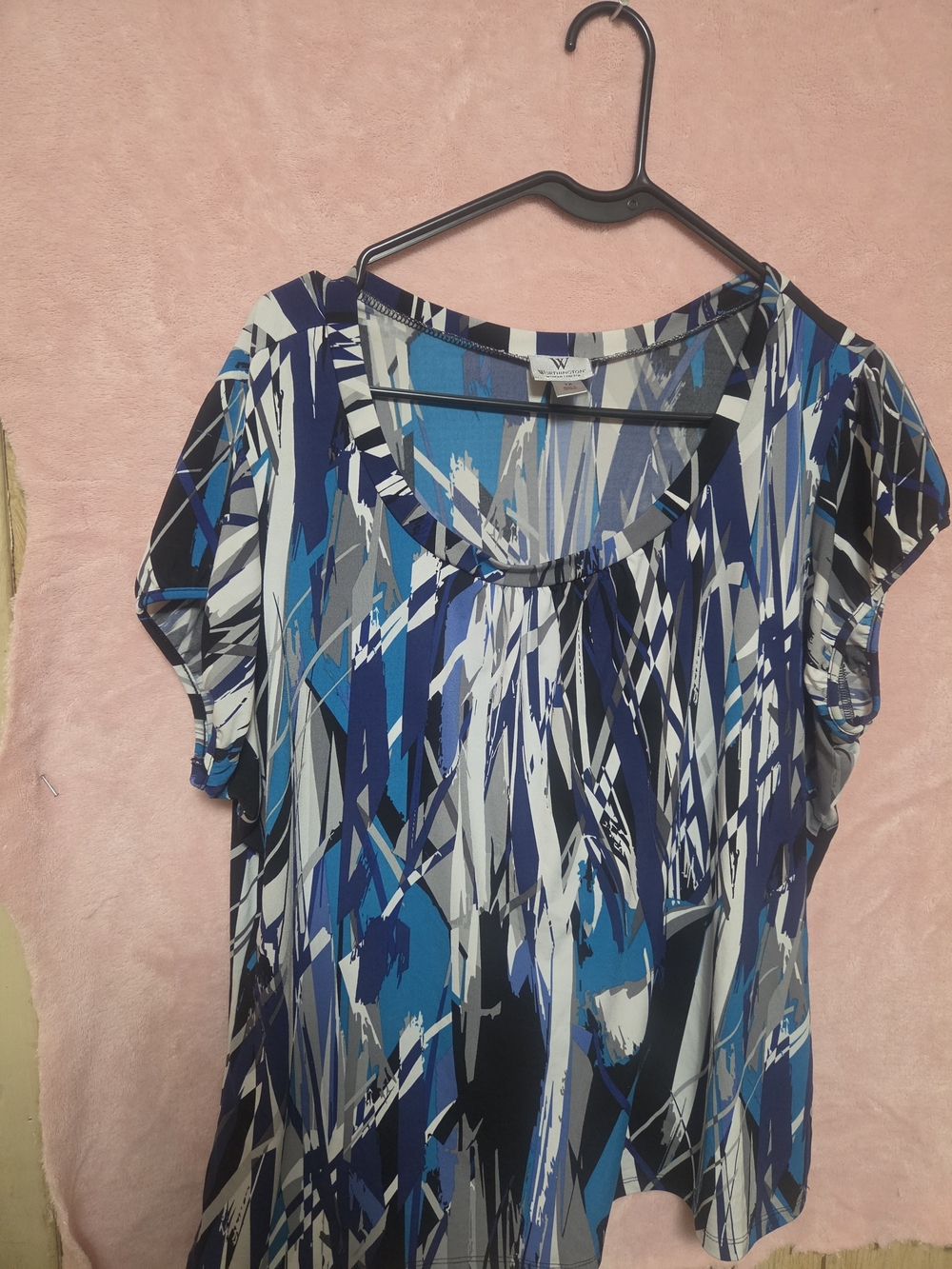 Worthington Blue Abstract Short Sleeve Scoop Neck Top
